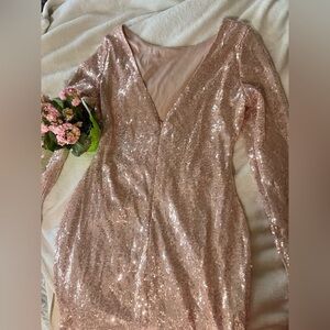 Rose Gold Sequin Long Sleeve Mini Dress Open Back – Size L Party Dress
